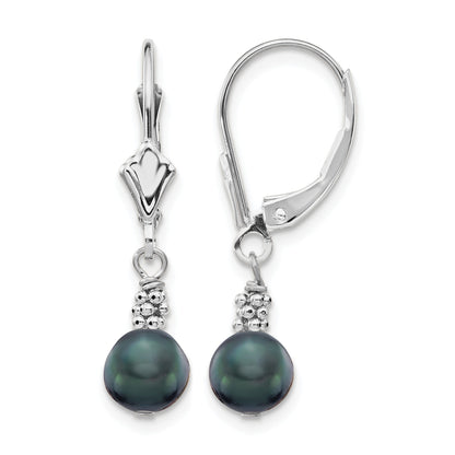14k White Gold 5-6mm Black Semi-round Freshwater Cultured Pearl Dangle Leverback Earrings