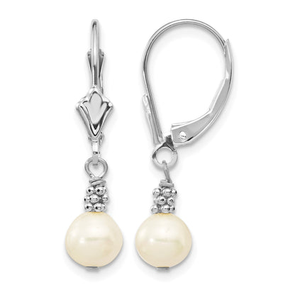 14k White Gold 5-6mm White Semi-round Freshwater Cultured Pearl Dangle Leverback Earrings