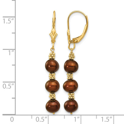 14k 5-6mm Brown Semi-Round Freshwater Cultured Pearl Dangle Leverback Earrings