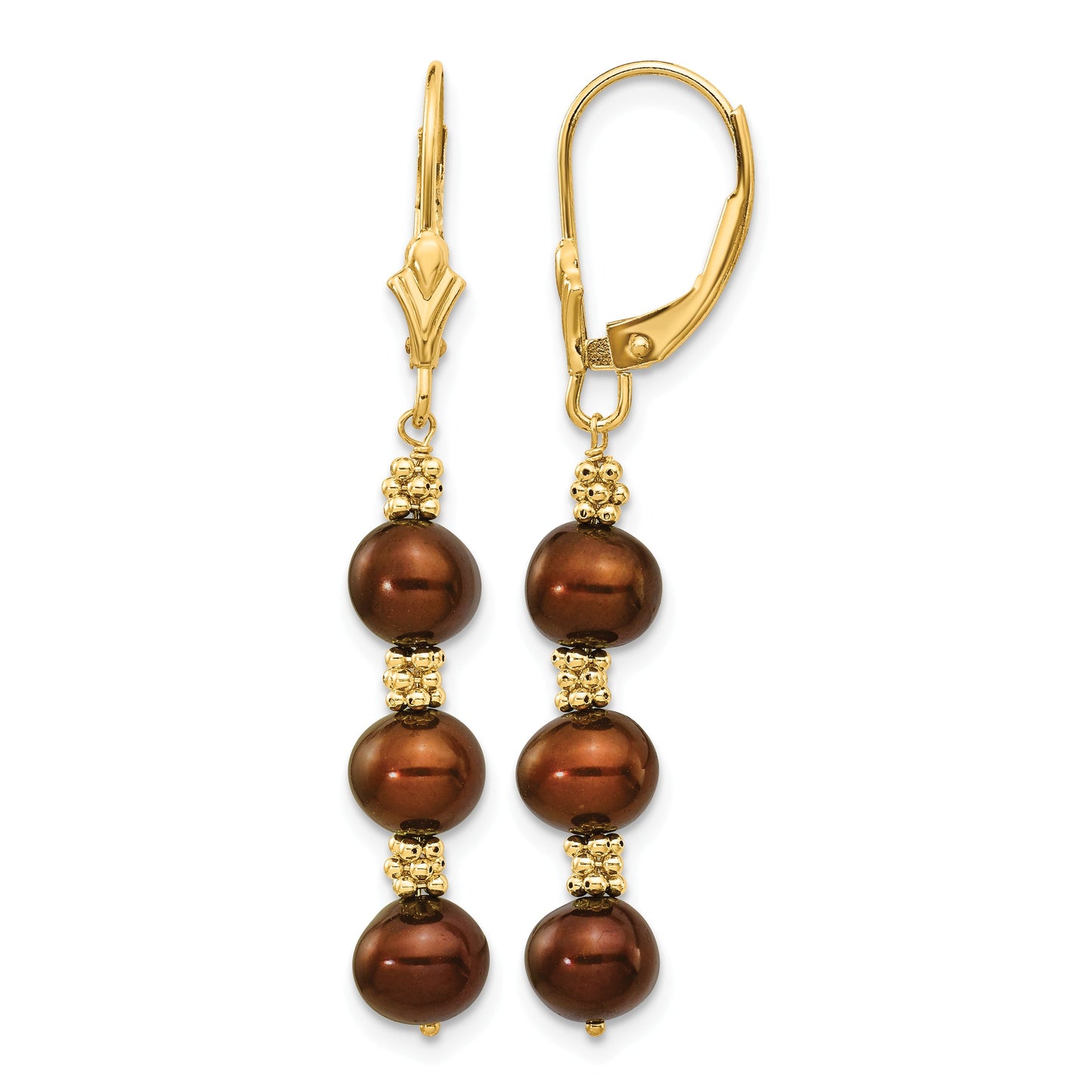 14k 5-6mm Brown Semi-Round Freshwater Cultured Pearl Dangle Leverback Earrings