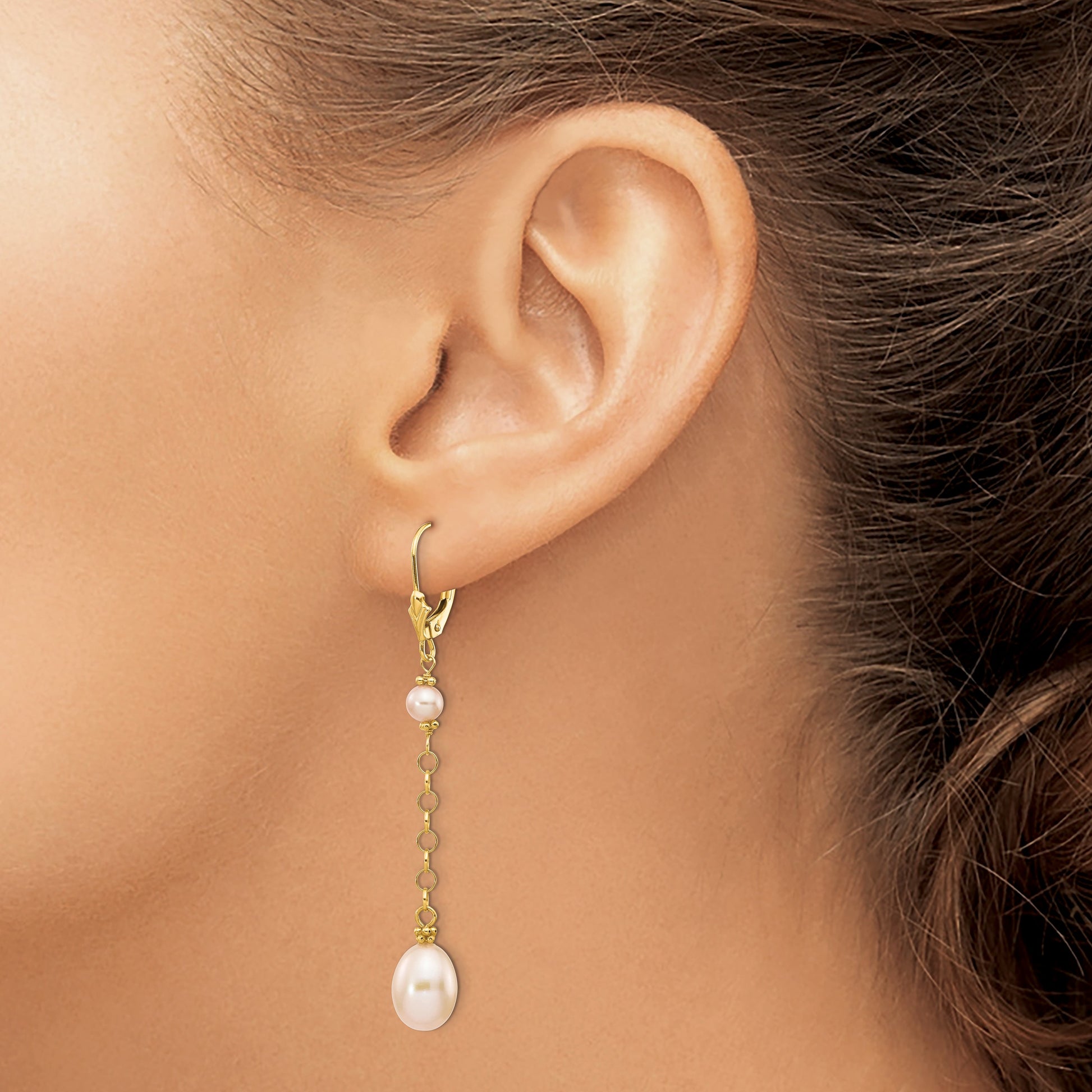 14k 5-8mm Pink Rice and Semi-Round Freshwater Cultured Pearl Chain Dangle Leverback Earrings