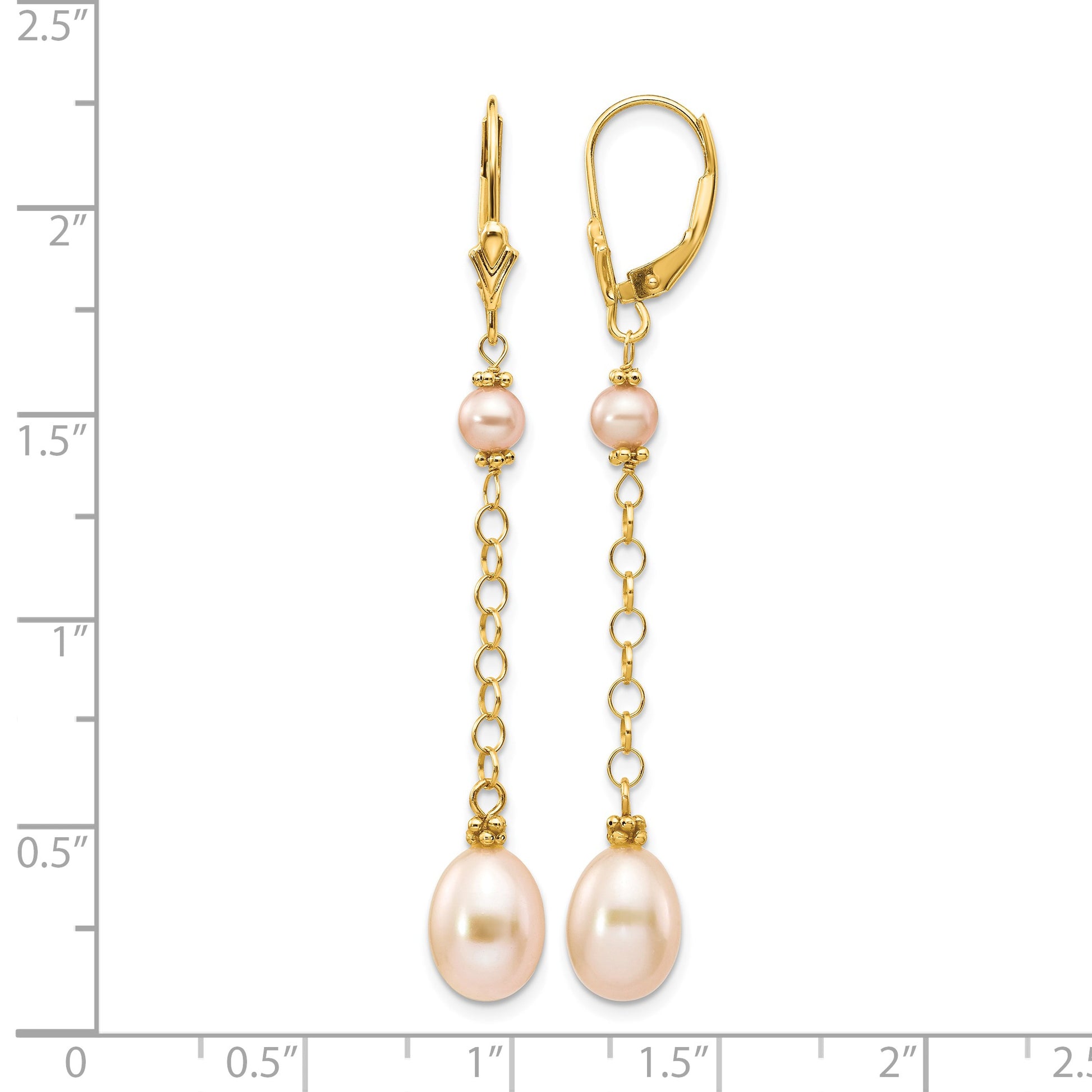 14k 5-8mm Pink Rice and Semi-Round Freshwater Cultured Pearl Chain Dangle Leverback Earrings