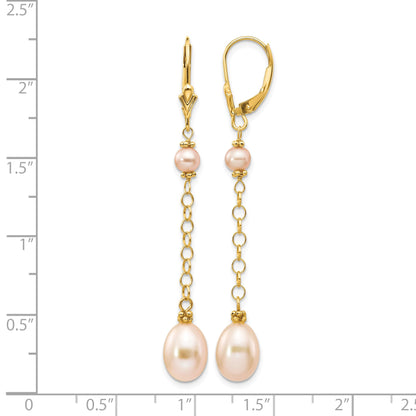 14k 5-8mm Pink Rice and Semi-Round Freshwater Cultured Pearl Chain Dangle Leverback Earrings