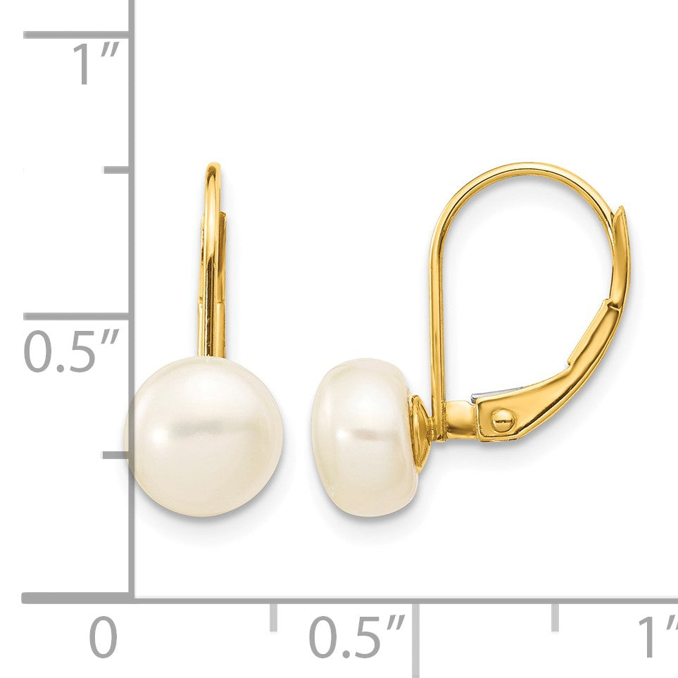 14K 7-8mm White Button Freshwater Cultured Pearl Leverback Earrings