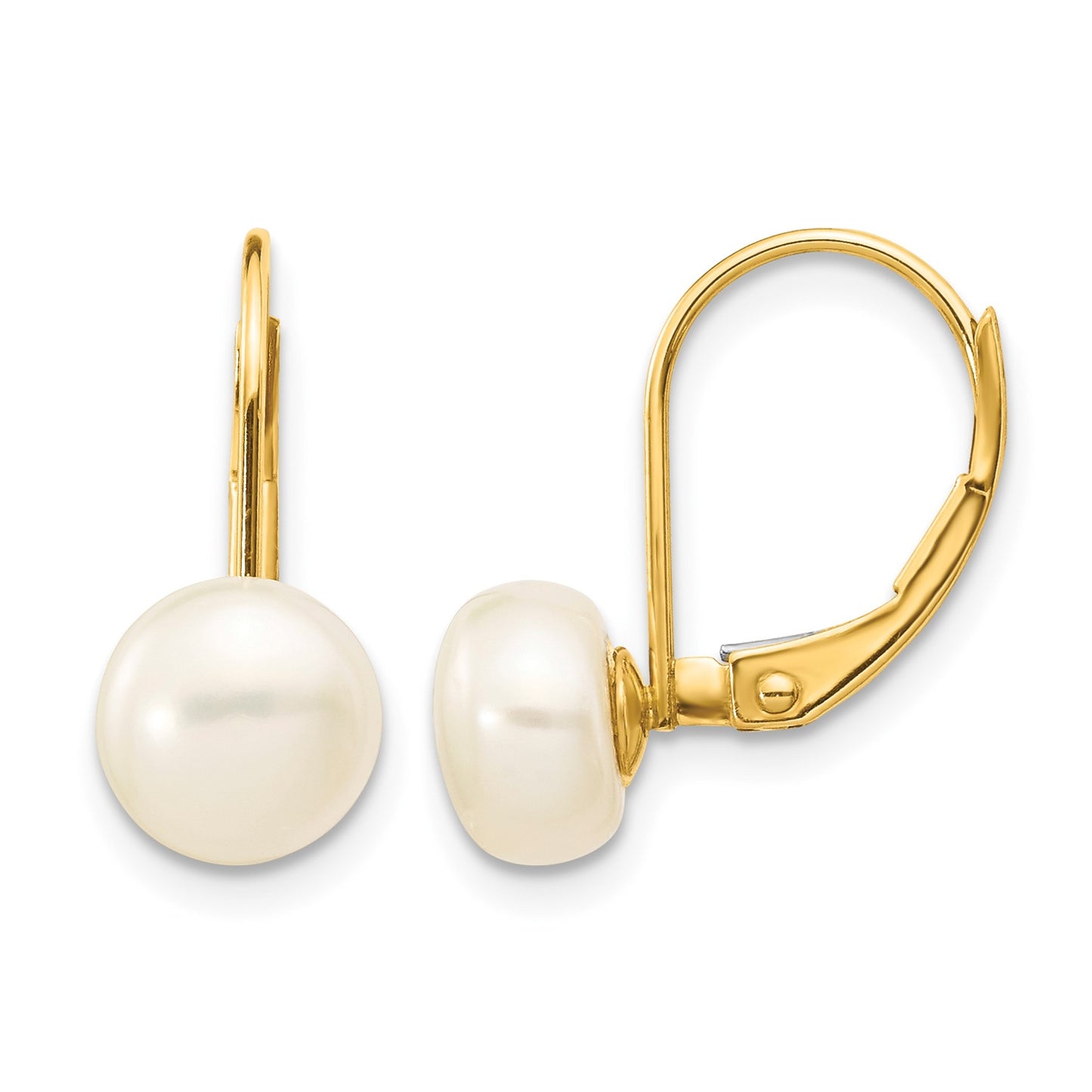 14K 7-8mm White Button Freshwater Cultured Pearl Leverback Earrings