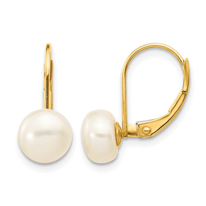 14K 7-8mm White Button Freshwater Cultured Pearl Leverback Earrings