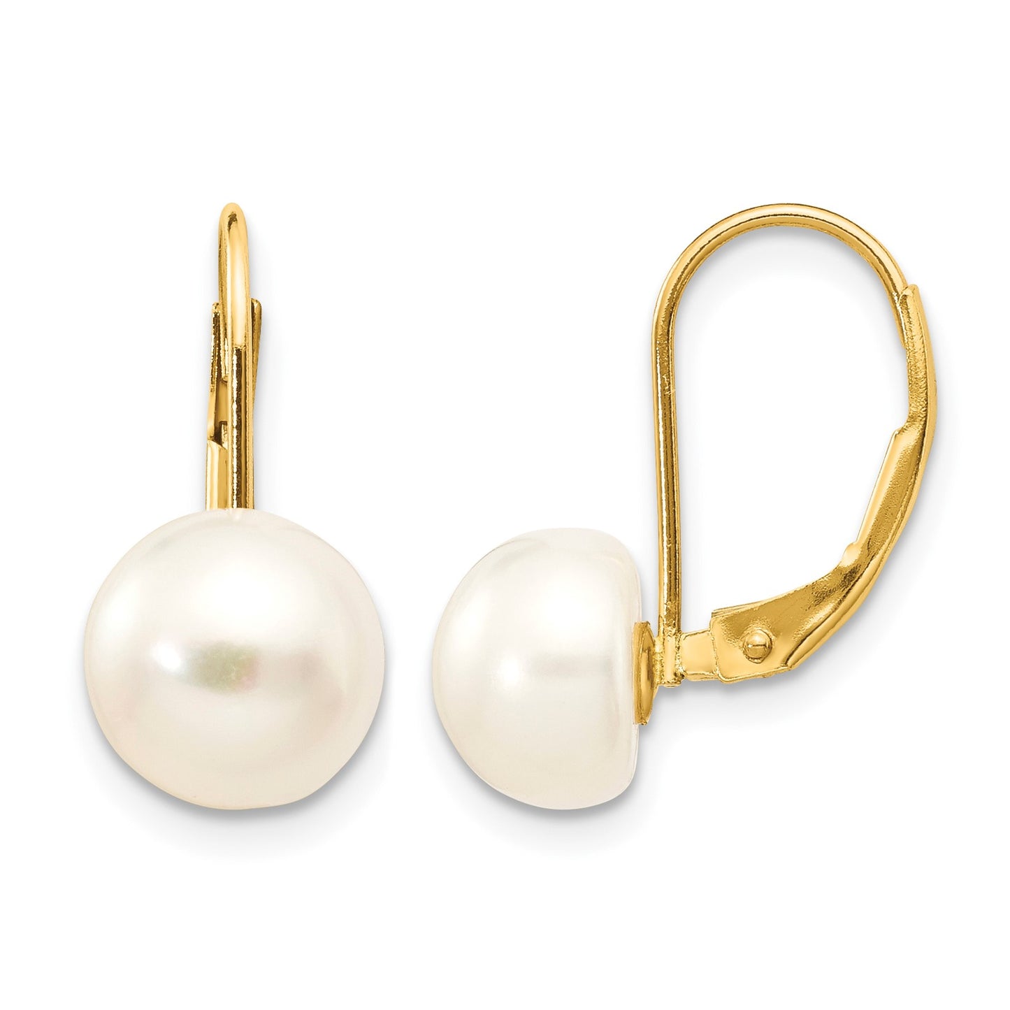 14K 8-9mm White Button Freshwater Cultured Pearl Leverback Earrings