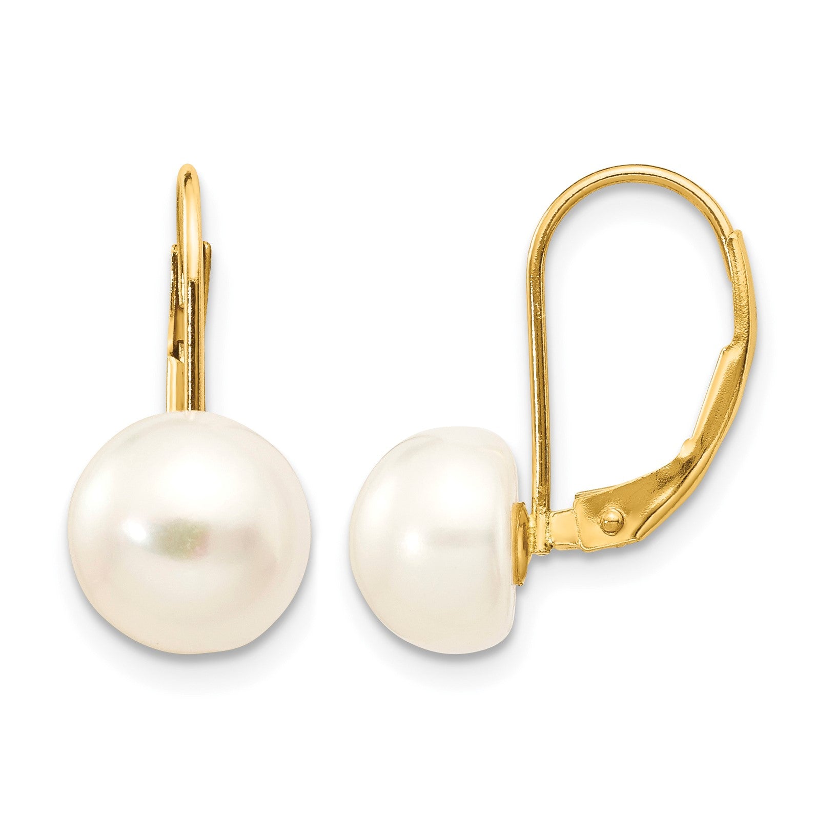 14K 8-9mm White Button Freshwater Cultured Pearl Leverback Earrings