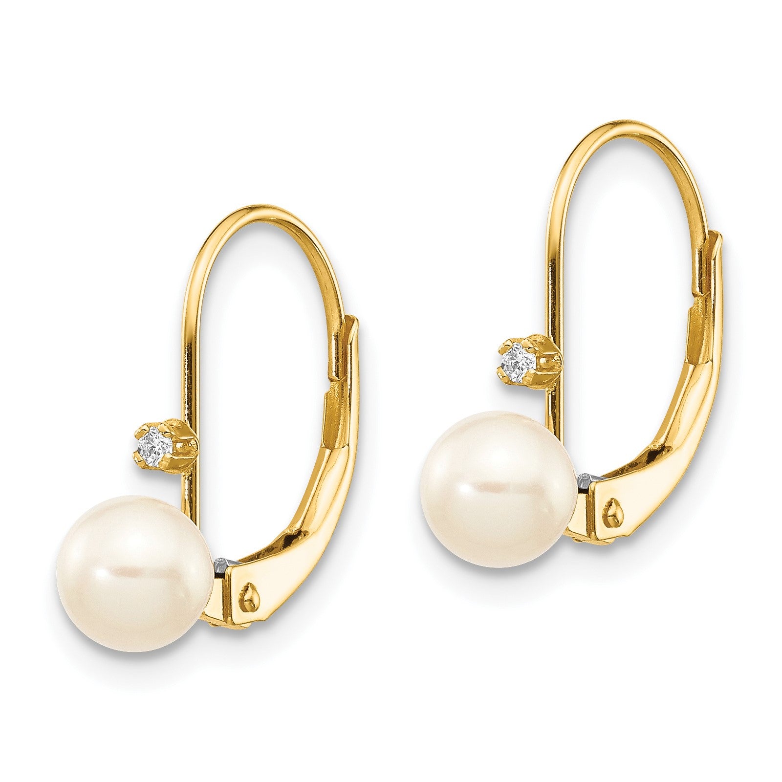 14k 5-6mm White Round Freshwater Cultured Pearl and .02 Carat Diamond Leverback Earrings