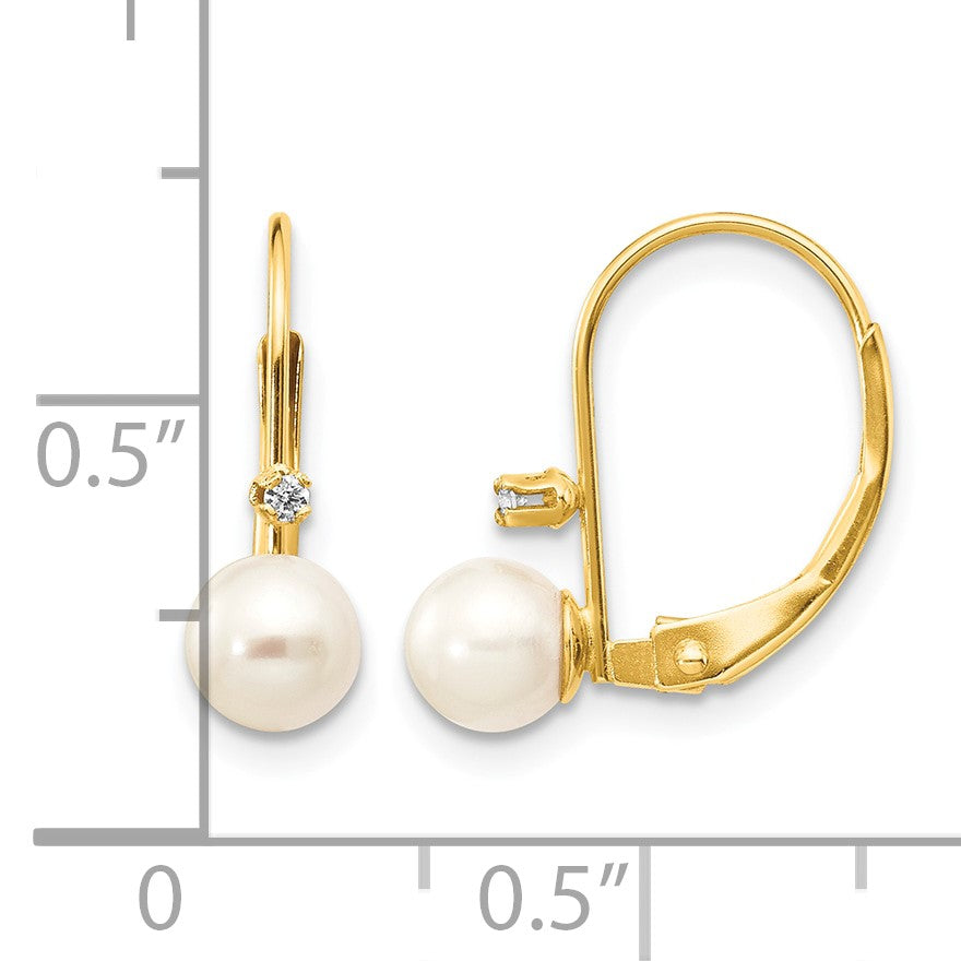 14k 5-6mm White Round Freshwater Cultured Pearl and .02 Carat Diamond Leverback Earrings