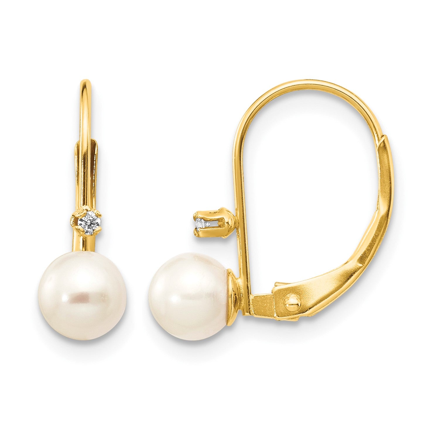 14k 5-6mm White Round Freshwater Cultured Pearl and .02 Carat Diamond Leverback Earrings