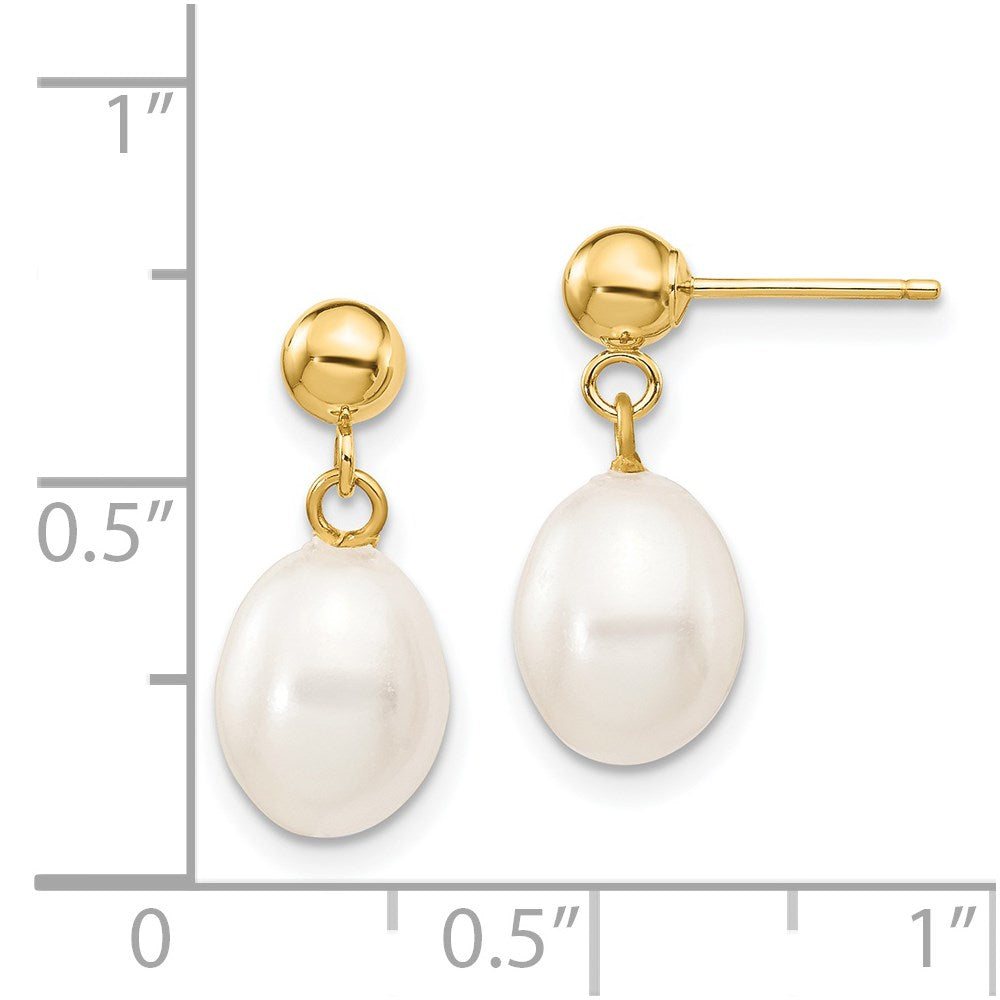 14k 7-8mm White Rice Freshwater Cultured Pearl Post Dangle Earrings