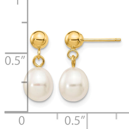 14k 6-7mm White Rice Freshwater Cultured Pearl Dangle Post Earrings