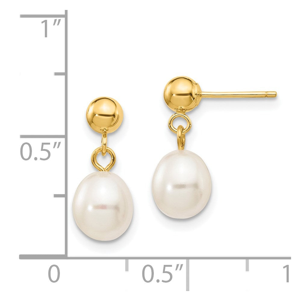 14k 6-7mm White Rice Freshwater Cultured Pearl Post Dangle Earrings