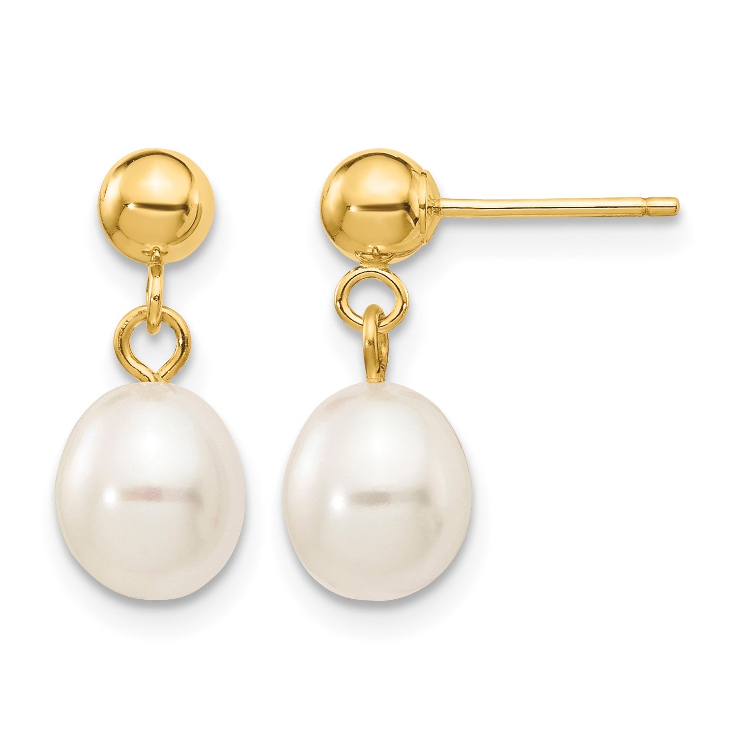 14k 6-7mm White Rice Freshwater Cultured Pearl Dangle Post Earrings