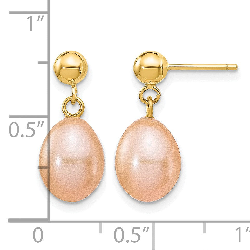 14k 7-8mm Pink Rice Freshwater Cultured Pearl Dangle Post Earrings