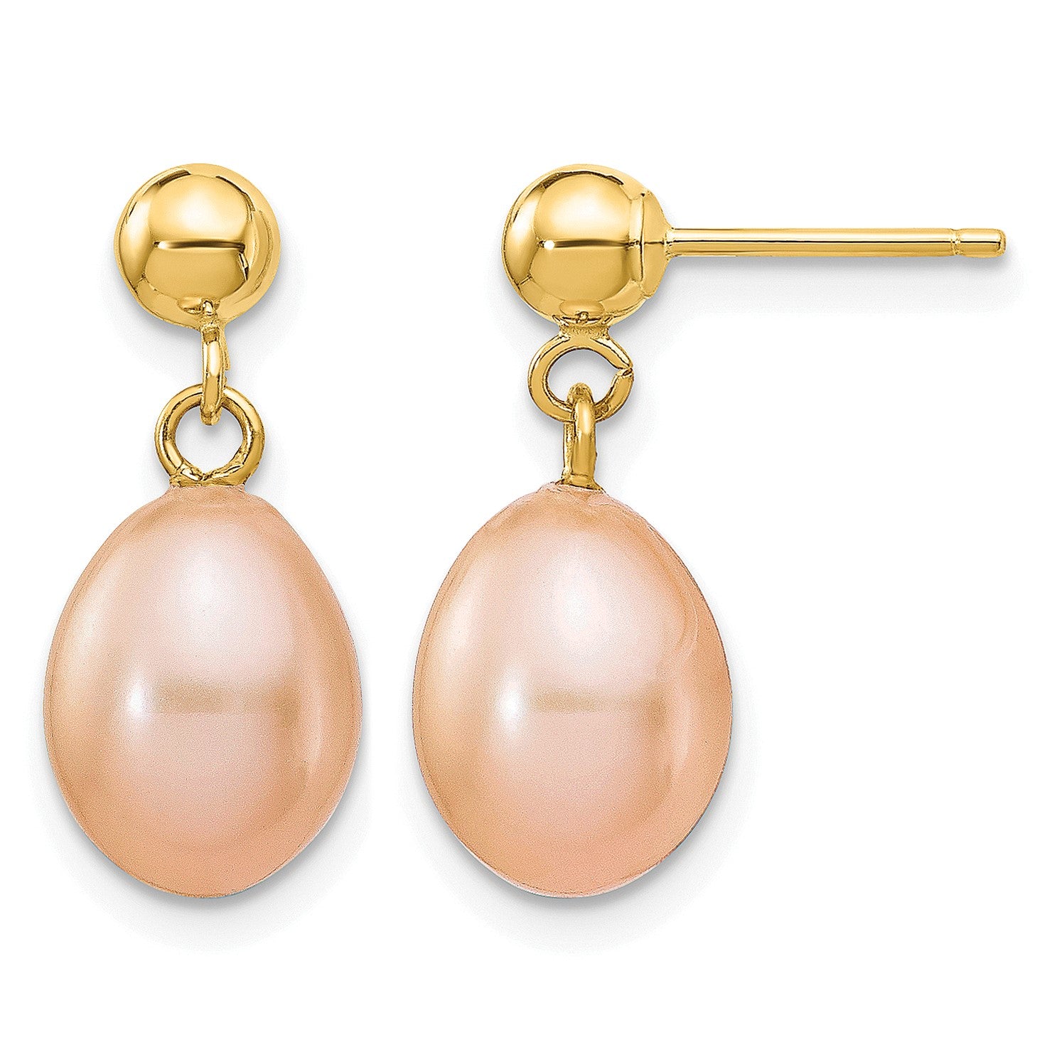 14k 7-8mm Pink Rice Freshwater Cultured Pearl Dangle Post Earrings