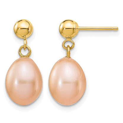 14k 7-8mm Pink Rice Freshwater Cultured Pearl Dangle Post Earrings