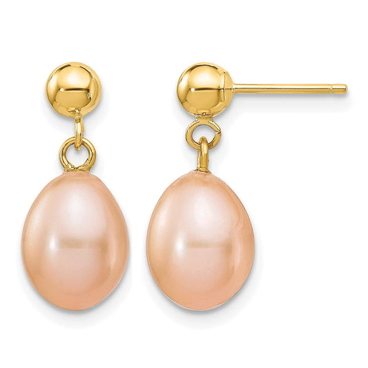 14k 7-8mm Pink Rice Freshwater Cultured Pearl Dangle Post Earrings