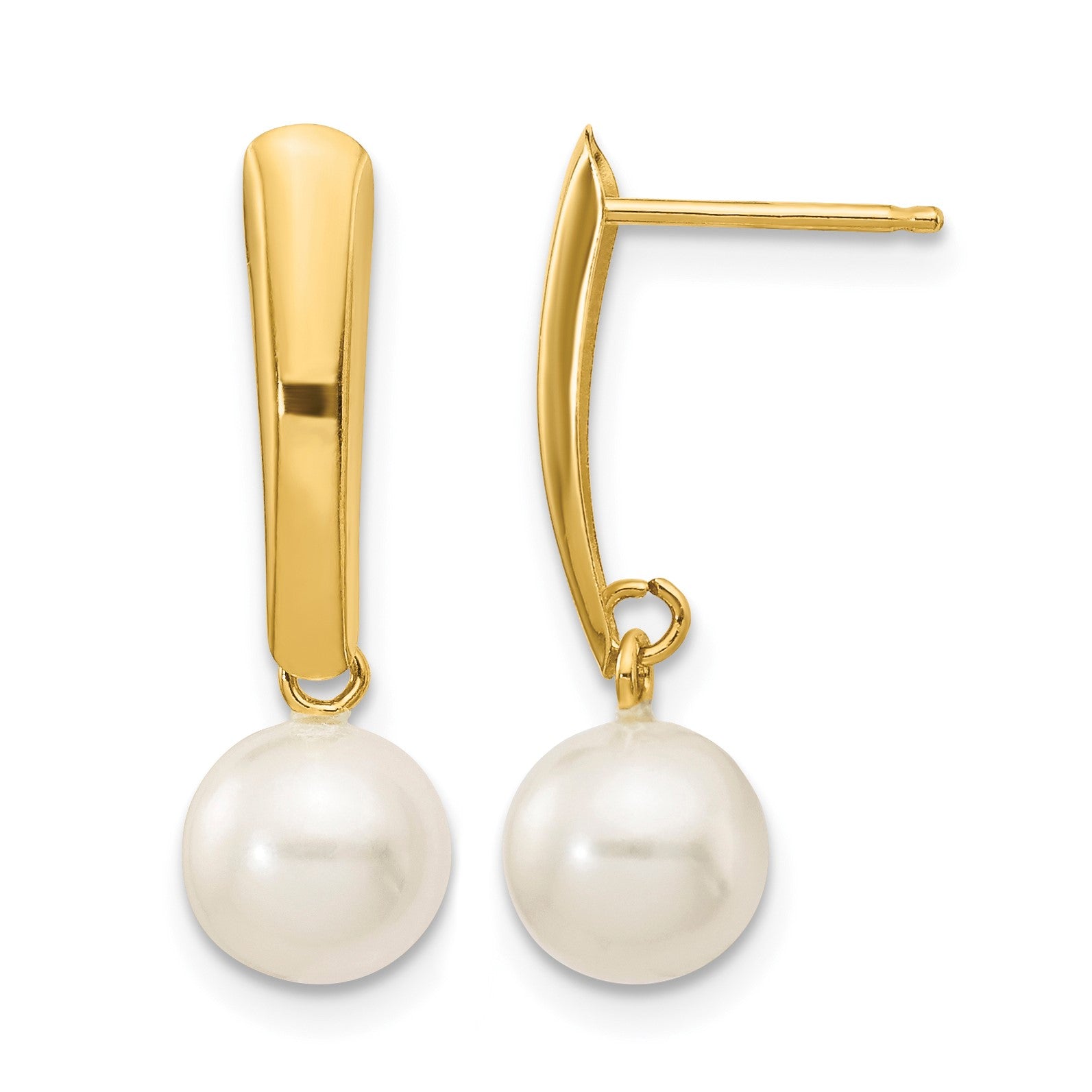 14K 6-7mm White Round Freshwater Cultured Pearl Post Dangle Earrings