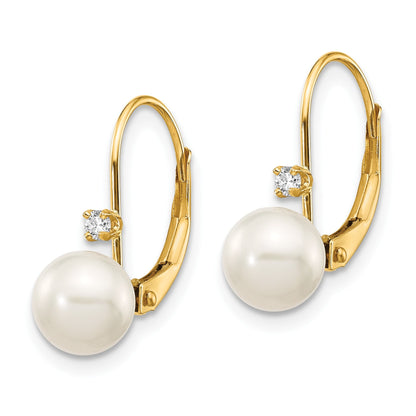 14k 6-7mm White Round Freshwater Cultured Pearl and .06 Carat Diamond Leverback Earrings