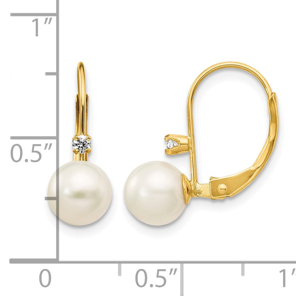 14k 6-7mm White Round Freshwater Cultured Pearl and .06 Carat Diamond Leverback Earrings