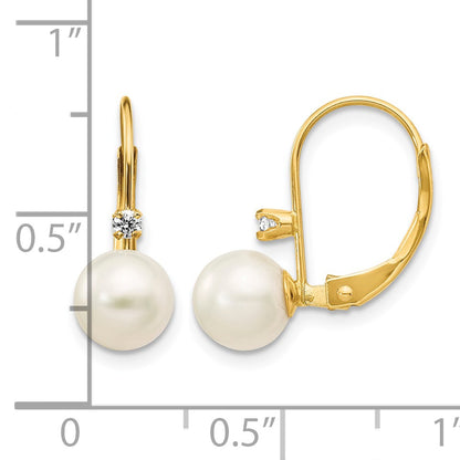 14k 6-7mm White Round Freshwater Cultured Pearl and .06 Carat Diamond Leverback Earrings