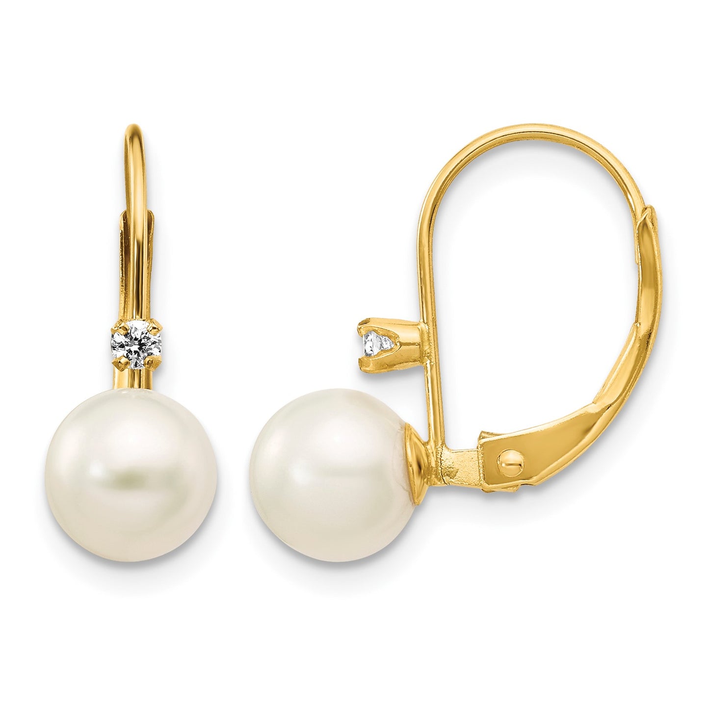 14k 6-7mm White Round Freshwater Cultured Pearl and .06 Carat Diamond Leverback Earrings