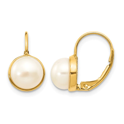 14K 6-7mm White Button Freshwater Cultured Pearl Leverback Earrings