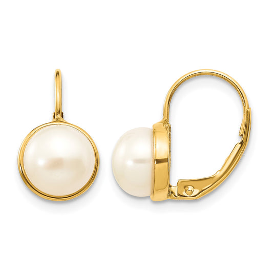 14K 6-7mm White Button Freshwater Cultured Pearl Leverback Earrings