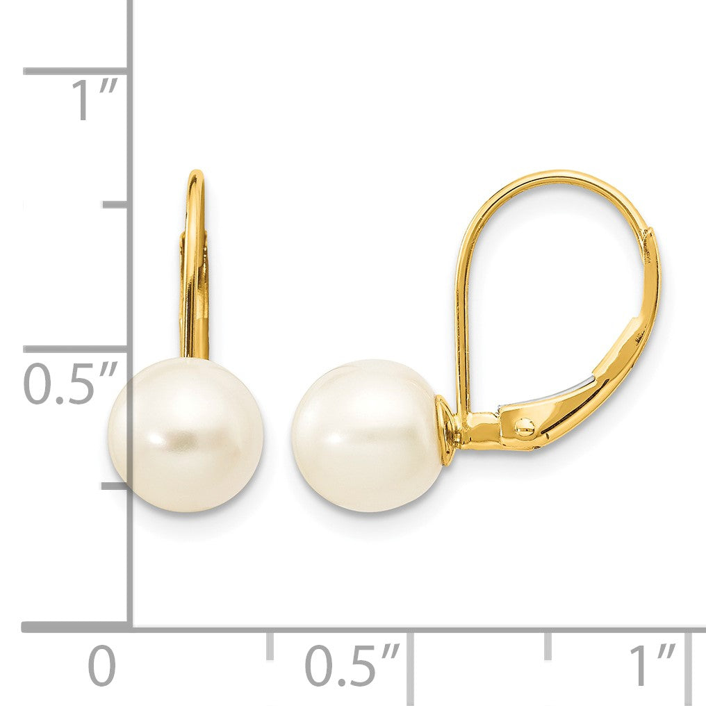 14K 7-8mm White Round Freshwater Cultured Pearl Leverback Earrings