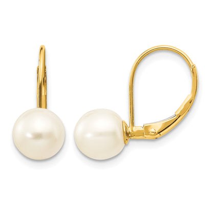 14K 7-8mm White Round Freshwater Cultured Pearl Leverback Earrings