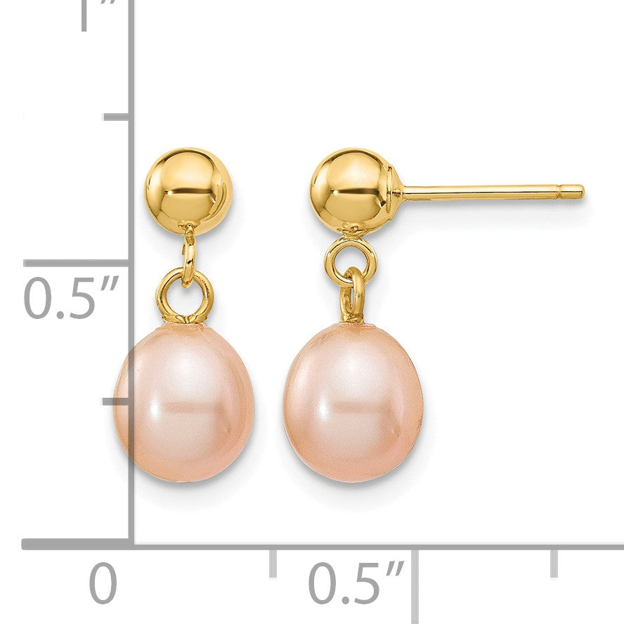 14k 6-7mm Pink Rice Freshwater Cultured Pearl Dangle Post Earrings