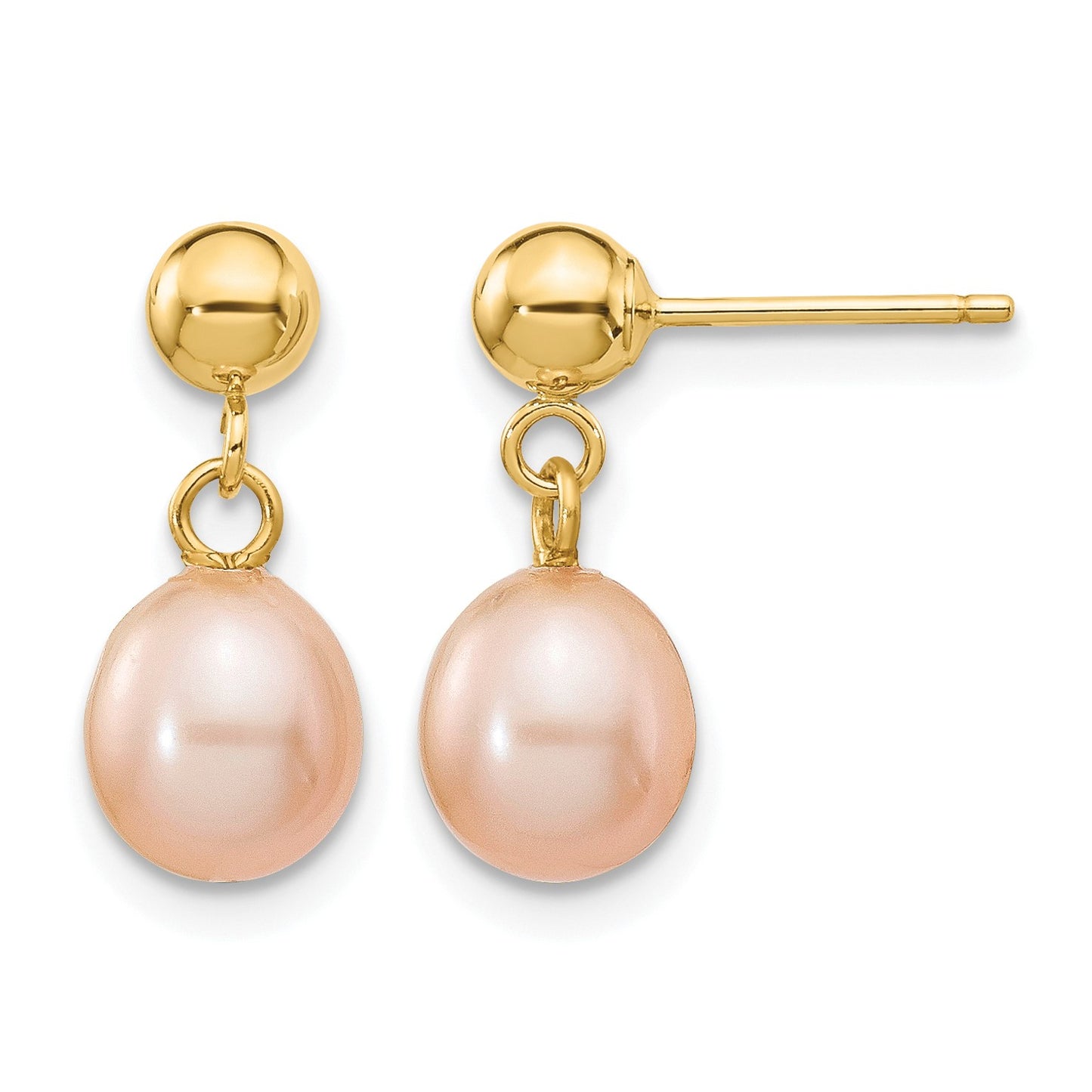 14k 6-7mm Pink Rice Freshwater Cultured Pearl Dangle Post Earrings