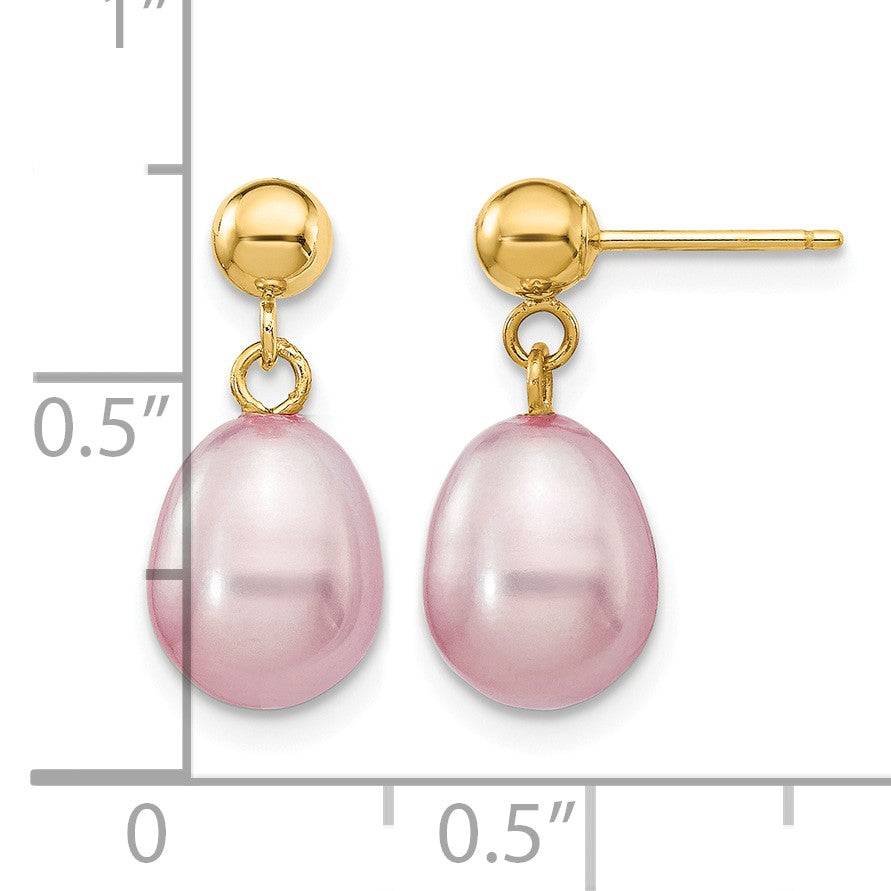 14k 7-8mm Purple Rice Freshwater Cultured Pearl Dangle Post Earrings