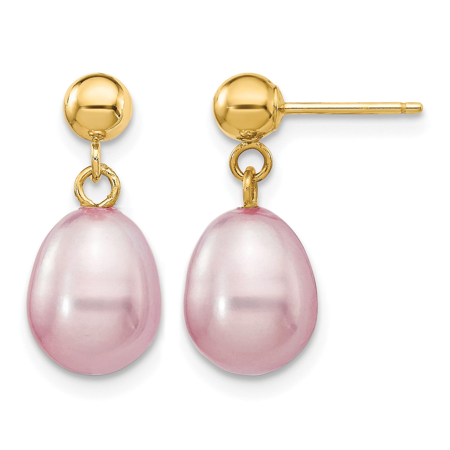 14k 7-8mm Purple Rice Freshwater Cultured Pearl Dangle Post Earrings