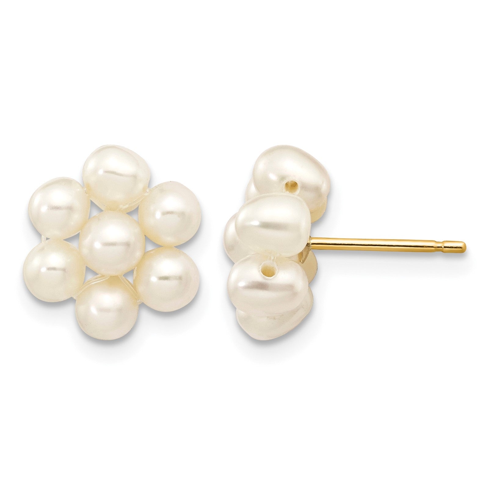 14k 3-4mm White Egg-shape Freshwater Cultured Pearl Flower Post Earrings