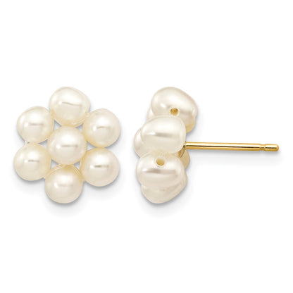 14k 3-4mm White Egg-shape Freshwater Cultured Pearl Flower Post Earrings