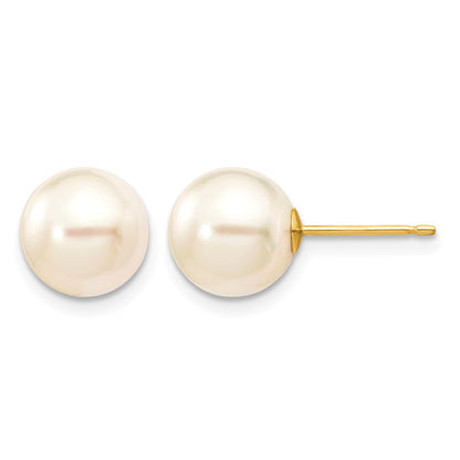 14k 8-9mm White Round Akoya Saltwater Cultured Pearl Stud Post Earrings