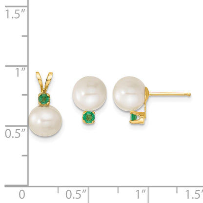 14k 7-8mm White Round Freshwater Cultured Pearl and .21EM Emerald Post Earrings and Pendant Set