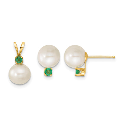 14k 7-8mm White Round Freshwater Cultured Pearl and .21EM Emerald Post Earrings and Pendant Set