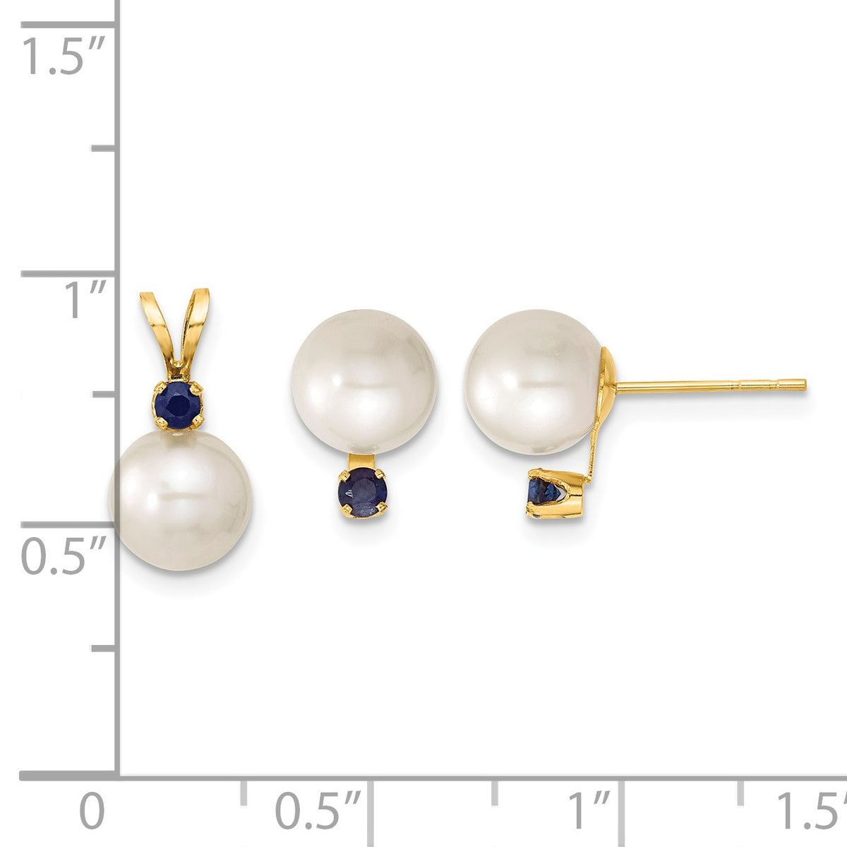 14k 7-8mm White Round Freshwater Cultured Pearl and .30SA Sapphire Post Earrings and Pendant Set
