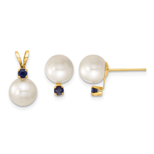14k 7-8mm White Round Freshwater Cultured Pearl and .30SA Sapphire Post Earrings and Pendant Set