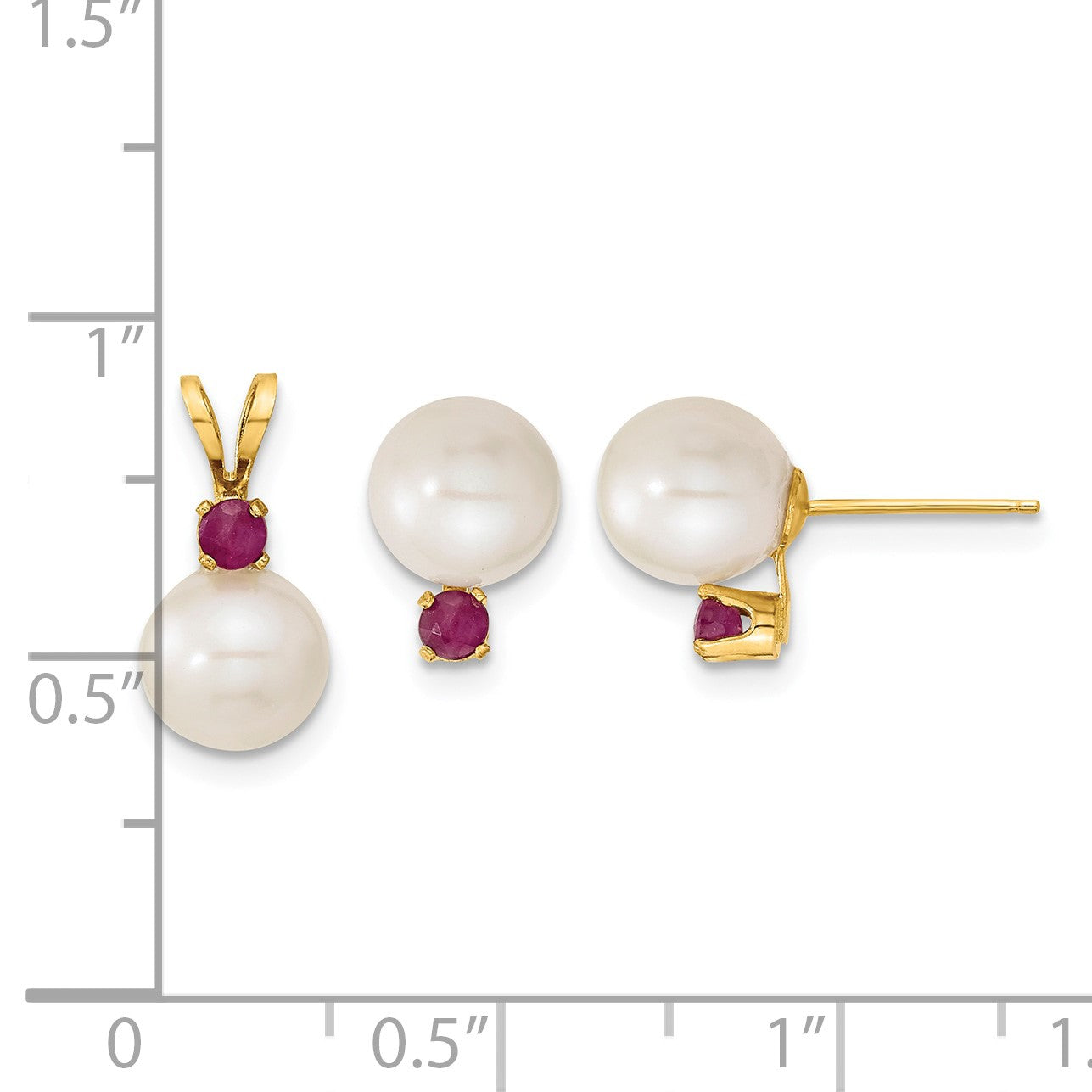 14k 7-8mm White Round Freshwater Cultured Pearl and .30RU Ruby Post Earrings and Pendant Set