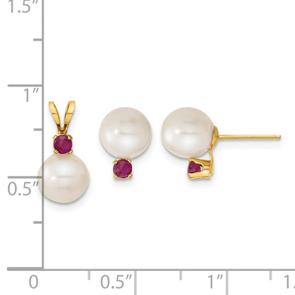 14k 7-8mm White Round Freshwater Cultured Pearl and .30RU Ruby Post Earrings and Pendant Set