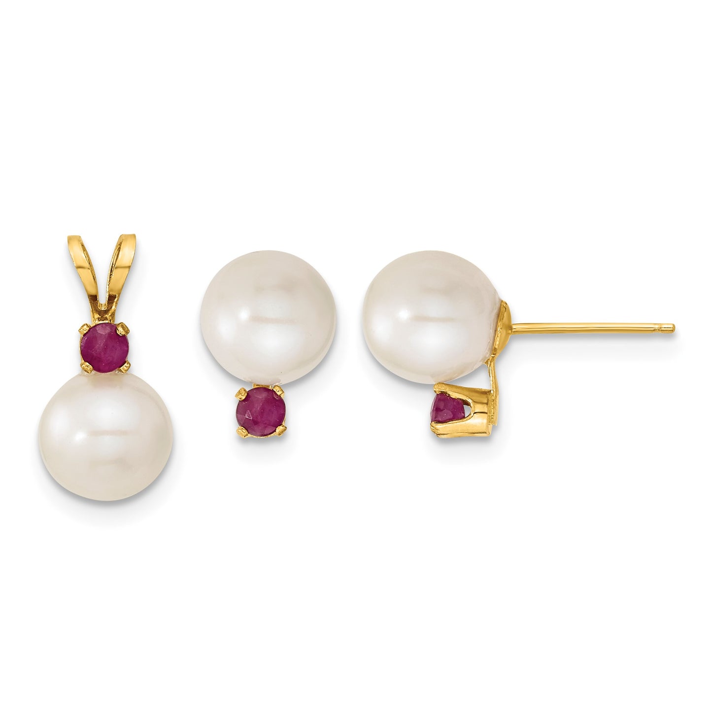 14k 7-8mm White Round Freshwater Cultured Pearl and .30RU Ruby Post Earrings and Pendant Set