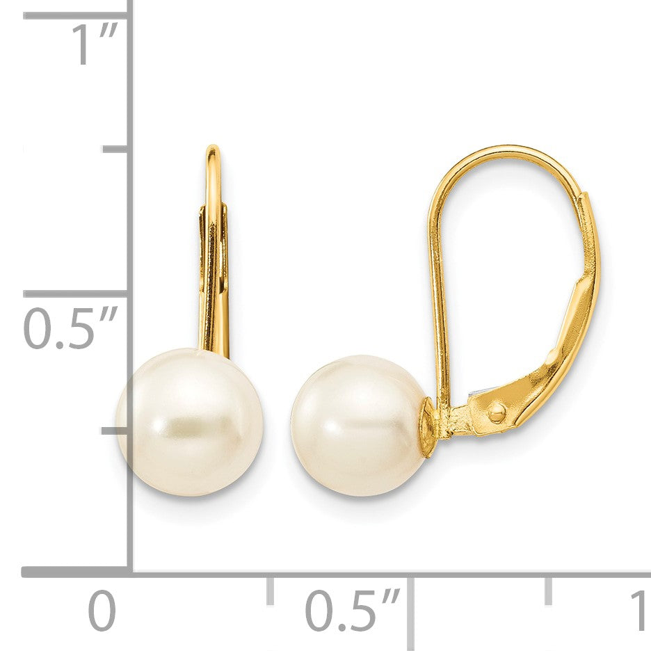 14K 6-7mm White Round Freshwater Cultured Pearl Leverback Earrings