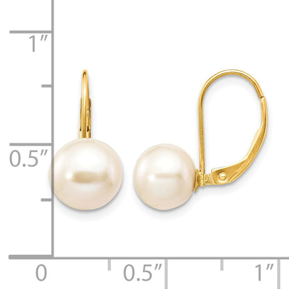 14K 8-9mm White Round Freshwater Cultured Pearl Leverback Earrings