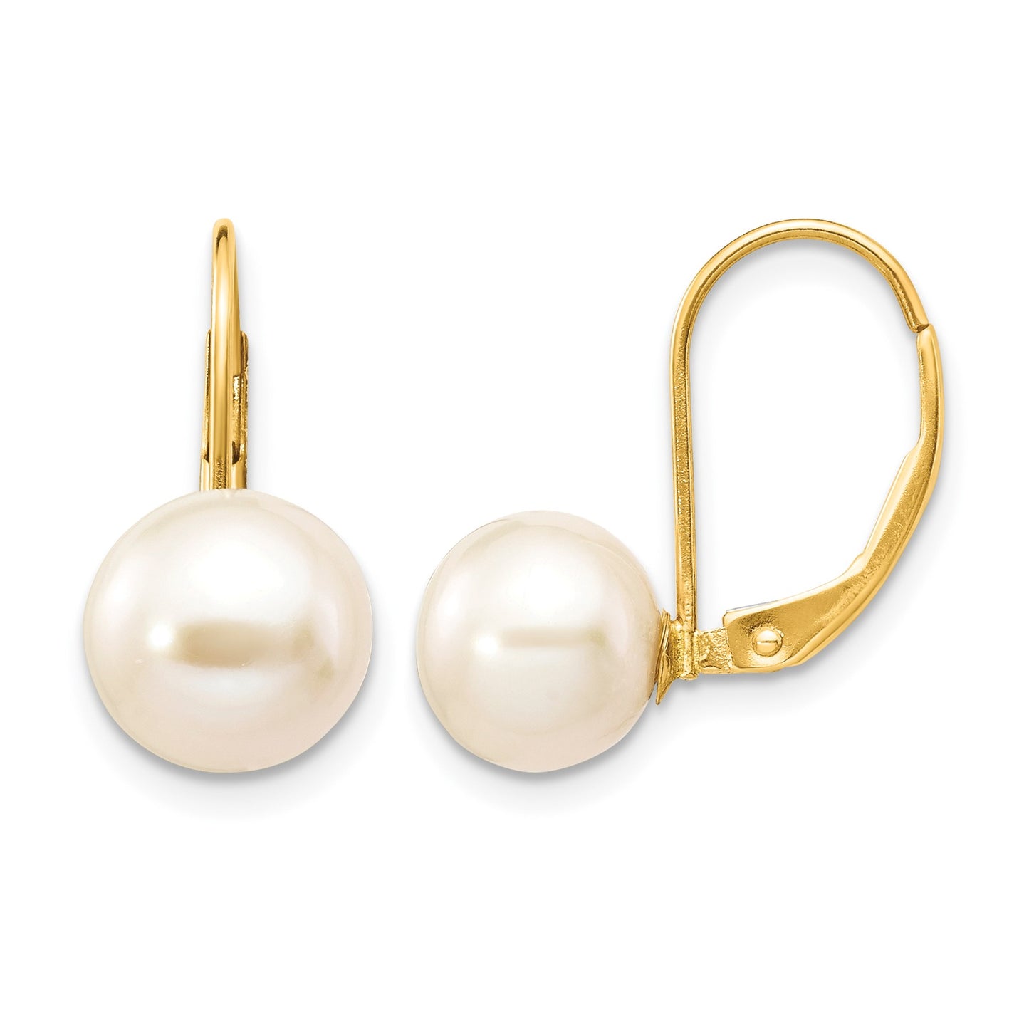 14K 8-9mm White Round Freshwater Cultured Pearl Leverback Earrings