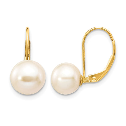 14K 8-9mm White Round Freshwater Cultured Pearl Leverback Earrings